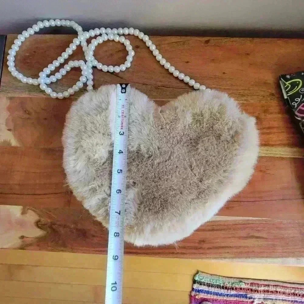 Beige Faux White Pearl Decor Heart Design Fluffy Women's Small Crossbody Purse - Picture 8 of 9